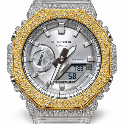 Iced out moissanite G-Shock GA-2100 watch with two-tone iced bezel and clear band – iced out CasiOak