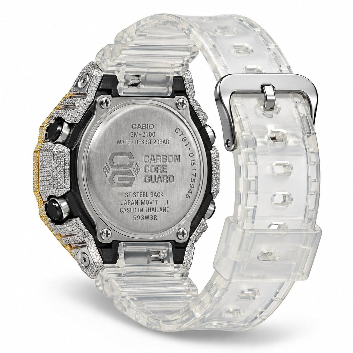 Iced out moissanite G-Shock GA-2100 watch with two-tone iced bezel and clear band – hip hop moissanite watch