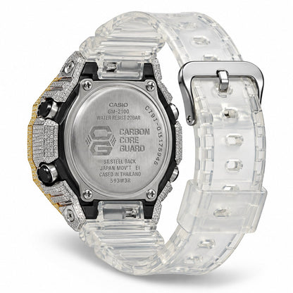 Iced out moissanite G-Shock GA-2100 watch with two-tone iced bezel and clear band – hip hop moissanite watch
