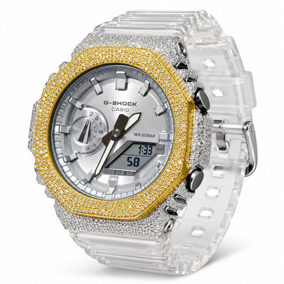Iced out moissanite G-Shock GA-2100 watch with two-tone iced bezel and clear band – bust down G-Shock