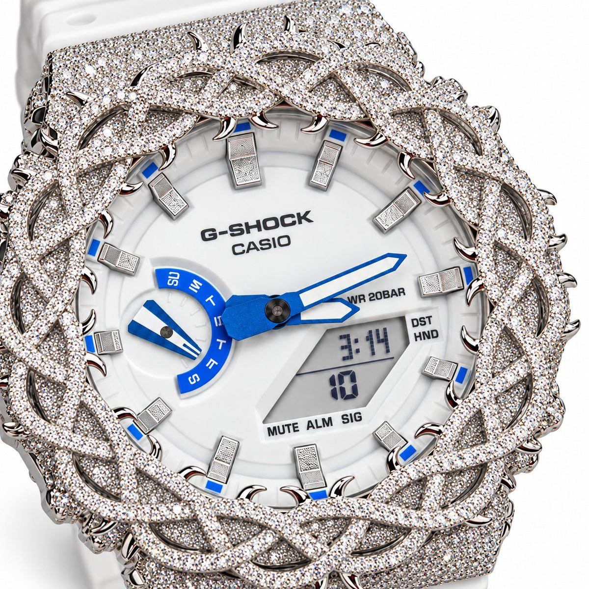 Iced out moissanite G-Shock GA-2100 watch with white dial and barbed wire bezel – fully iced moissanite case and bezel