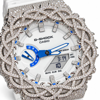 Iced out moissanite G-Shock GA-2100 watch with white dial and barbed wire bezel – fully iced moissanite case and bezel