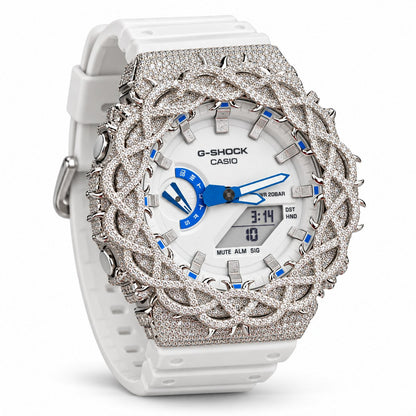 Iced out moissanite G-Shock GA-2100 watch with white dial and barbed wire bezel – men's hip hop iced out watch