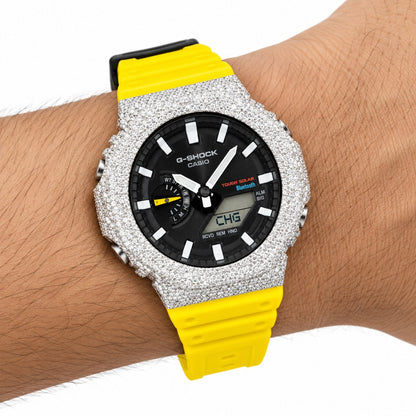 Iced out moissanite G-Shock GA-2100 watch with black dial and yellow band – custom bust down CasiOak