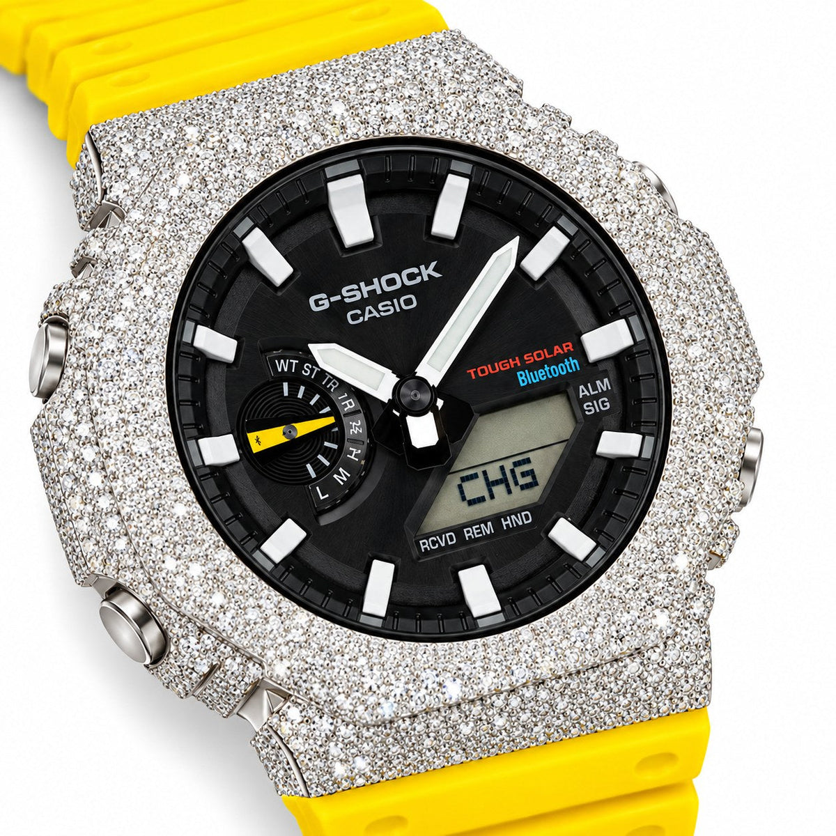 Iced out moissanite G-Shock GA-2100 watch with black dial and yellow band – fully iced moissanite case and bezel