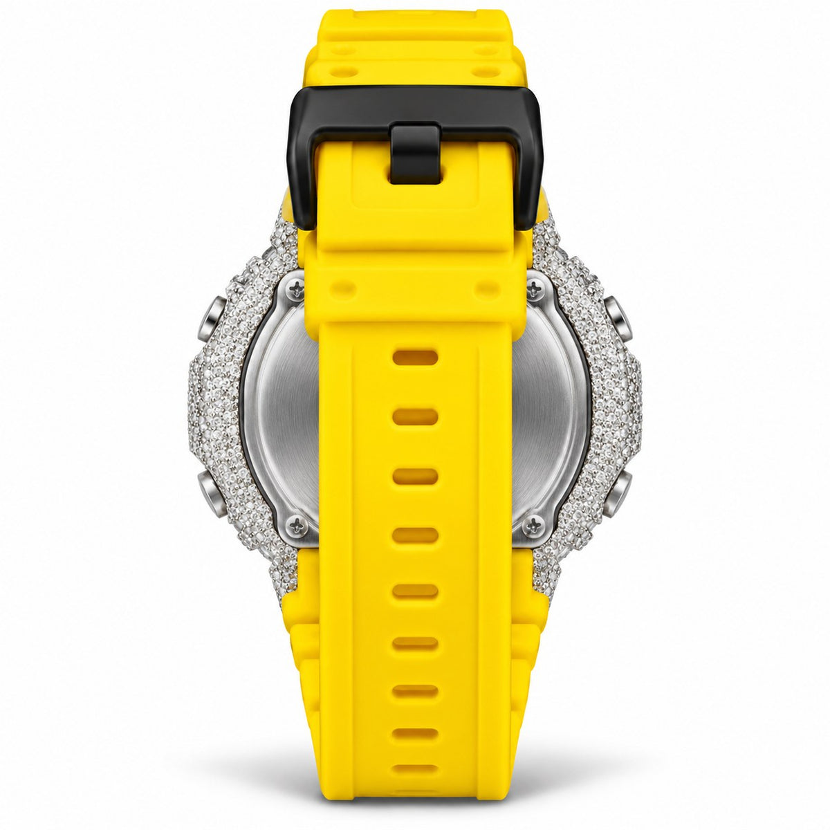 Iced out moissanite G-Shock GA-2100 watch with black dial and yellow band – men's hip hop iced out watch