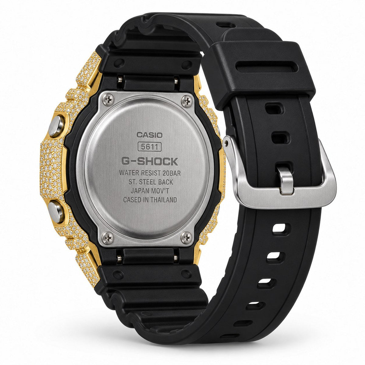Iced out moissanite G-Shock GA-2100 watch with yellow iced bezel and black dial – custom bust down CasiOak