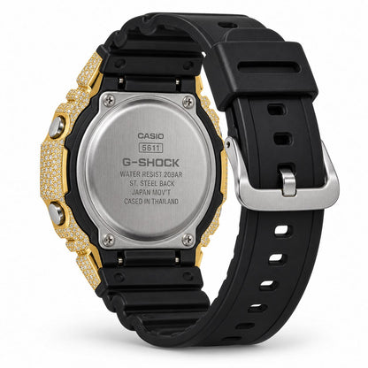 Iced out moissanite G-Shock GA-2100 watch with yellow iced bezel and black dial – custom bust down CasiOak