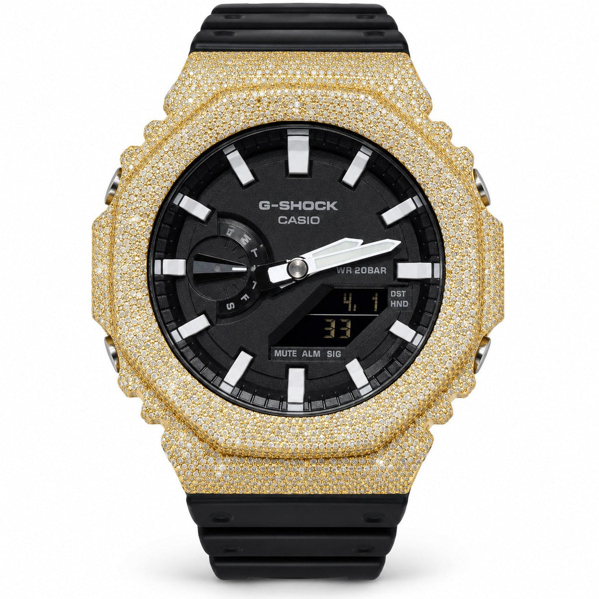 Iced out moissanite G-Shock GA-2100 watch with yellow iced bezel and black dial – custom iced G-Shock