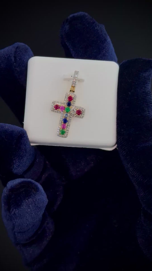 10kt Gold & Diamond Natural Gem Stone Cross Pendant