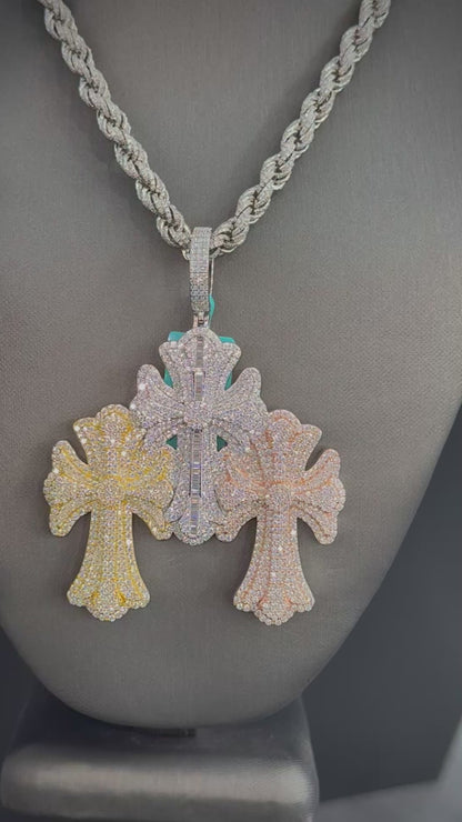925 Moissanite Triple Cross Tri Color Pendant