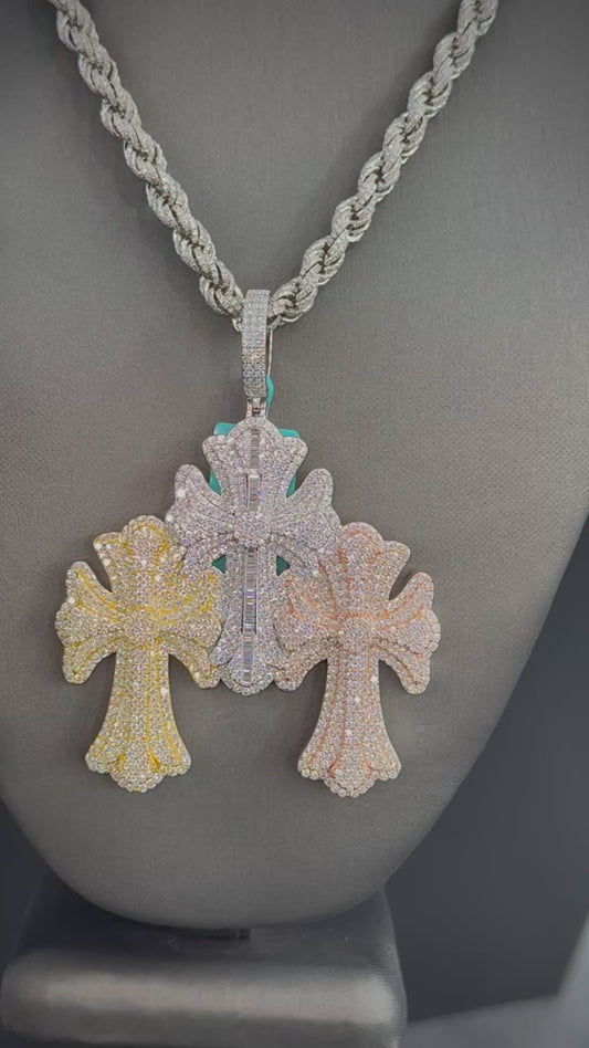 925 Moissanite Triple Cross Tri Color Pendant