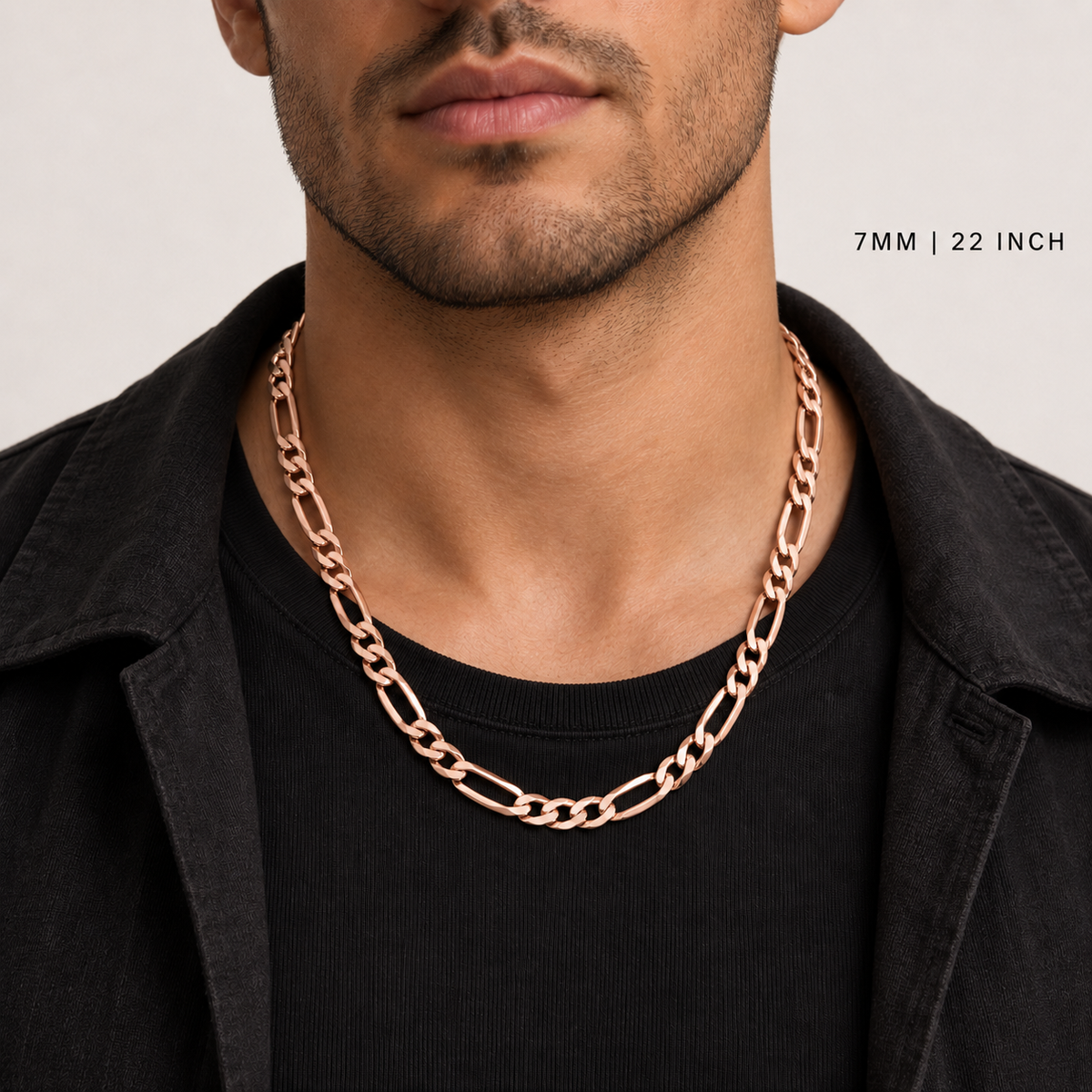 Rose Gold Plated Sterling Silver Figaro Chain for Men, close-up of the links