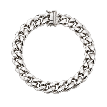 A silver-toned chunky curb link chain bracelet with a rectangular clasp, shown on a plain white background.