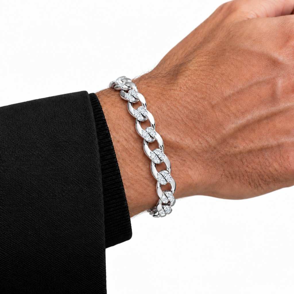 14K White Gold Solid Diamond-Cut Cuban Curb Link Bracelet, angled view