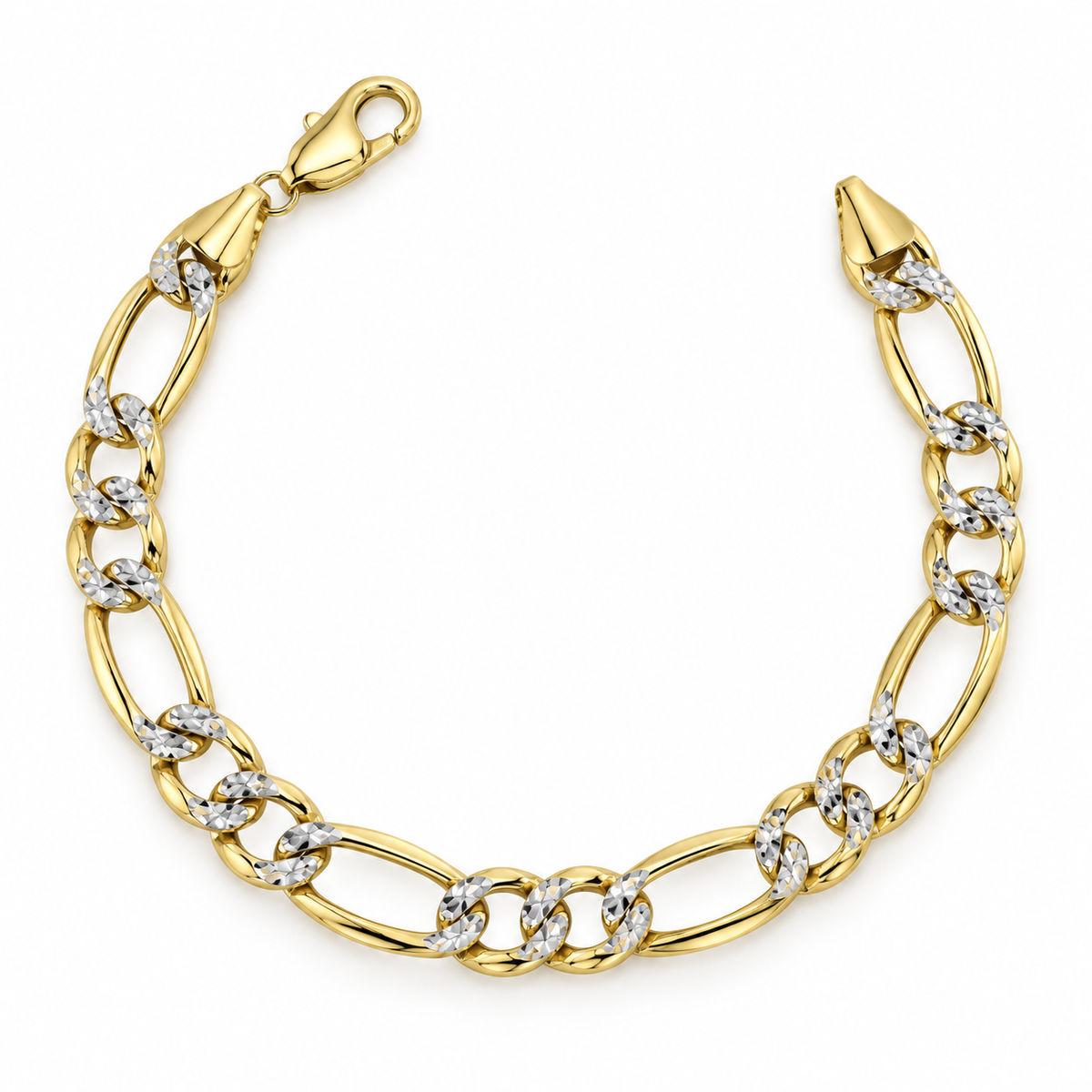 10K Yellow Gold Solid Diamond-Cut Figaro Bracelet, detail view
