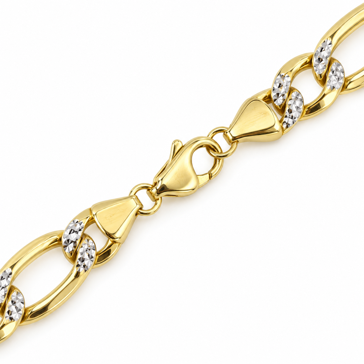 10K Yellow Gold Solid Diamond-Cut Figaro Bracelet, close-up of the links