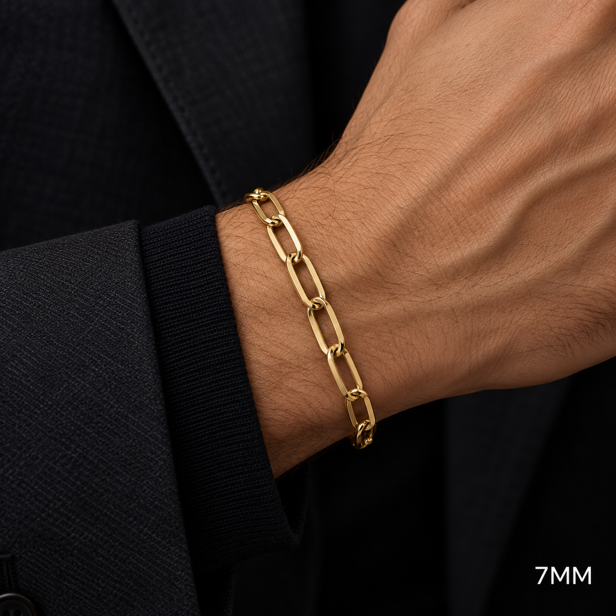 Yellow gold paper clip bracelet, side view