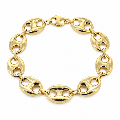 Yellow gold puff bracelet, close-up of the links